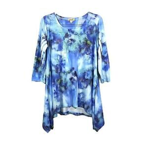 One World Live & Let Live Top Size XL BOHO Blue Tie Dye Tunic Rhinestone Bling
